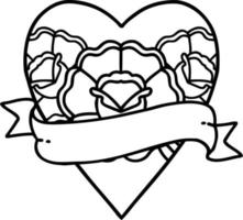 tatuaje en estilo de línea negra de un corazón y pancarta con flores vector