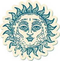 iconic distressed sticker tattoo style image of a sun with face vector