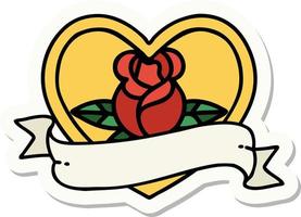 sticker of tattoo in traditional style of a heart rose and banner vector