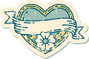 iconic distressed sticker tattoo style image of a heart and banner with flowers vector