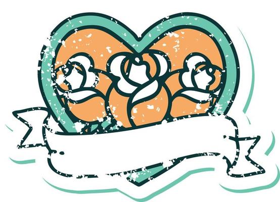iconic distressed sticker tattoo style image of a heart and banner with flowers