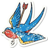 distressed sticker tattoo in traditional style of a swallow shot through with arrow vector