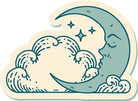 sticker of tattoo in traditional style of a crescent moon and clouds vector