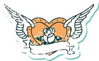 iconic distressed sticker tattoo style image of a flying heart with flowers and banner vector