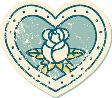 iconic distressed sticker tattoo style image of a heart and flowers vector