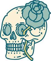 imagen icónica de estilo tatuaje de una calavera y una rosa vector