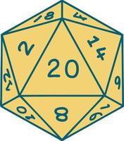 imagen icónica de estilo tatuaje de un dado d20 vector