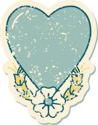 iconic distressed sticker tattoo style image of a heart and flower