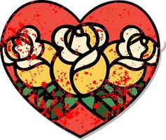 distressed sticker tattoo in traditional style of a heart and flowers vector