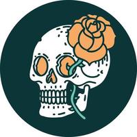 imagen icónica de estilo tatuaje de una calavera y una rosa vector