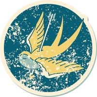 iconic distressed sticker tattoo style image of a swallow shot through with arrow vector