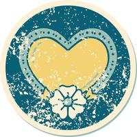 iconic distressed sticker tattoo style image of a heart and flower vector