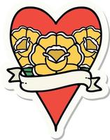 sticker of tattoo in traditional style of a heart and banner with flowers vector