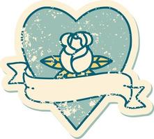 iconic distressed sticker tattoo style image of a heart rose and banner vector