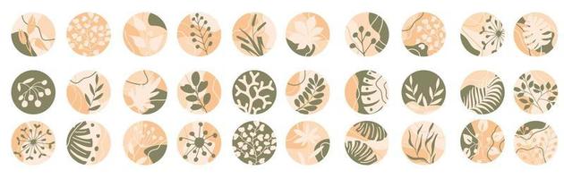 Big set of round highlight covers with abstract shapes, wavy lines and plants vector