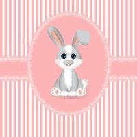 Greeting postcard with pink and white strips and little rabbit or hare. Design for girl party. vector