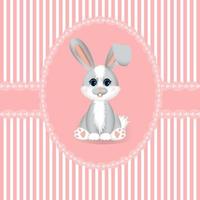 Greeting postcard with pink and white strips and little rabbit or hare. Design for girl party. vector