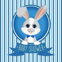 Baby shower with blue and white strips and little rabbit. vector