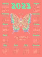 Calendar 2023 with butterfly in zentangle style. Week starts on Sunday. vector