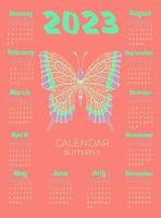 Calendar 2023 with butterfly in zentangle style. Week starts on Sunday. vector