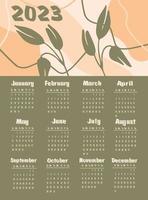 calendario 2023 con plantas abstractas. la semana comienza el domingo. vector
