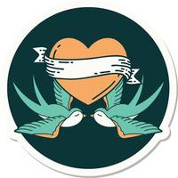 sticker of tattoo in traditional style of swallows and a heart with banner vector