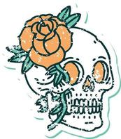 iconic distressed sticker tattoo style image of a skull and rose vector