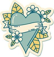 sticker of tattoo in traditional style of a heart and banner vector