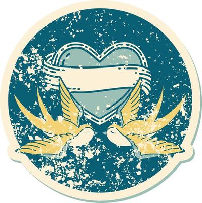 iconic distressed sticker tattoo style image of swallows and a heart with banner