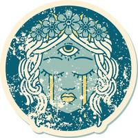 iconic distressed sticker tattoo style image of female face with mystic third eye crying vector