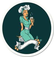 sticker of tattoo in traditional style of a pinup girl drinking a milkshake with banner vector