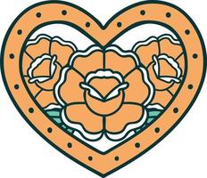 iconic tattoo style image of a heart and flowers vector