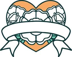 iconic tattoo style image of a heart and banner with flowers vector