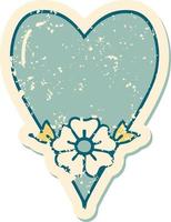 icónica imagen de estilo de tatuaje de pegatina angustiada de un corazón y una flor vector