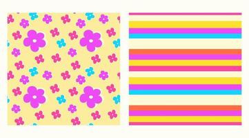 Set of Seamless patterns with flowers in y2k style. Seamless vector with colored purple and pink flowers and stripes in 00e style for printing on fabric or paper.