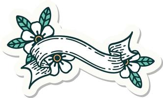 sticker of tattoo in traditional style of a banner and flowers vector