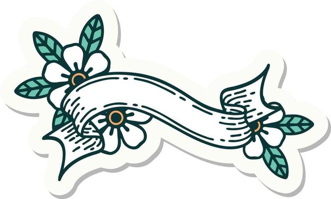 sticker of tattoo in traditional style of a banner and flowers