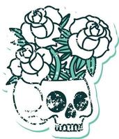 icónica imagen angustiada de estilo tatuaje de una calavera y rosas vector