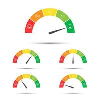 ilustración vectorial de la calificación del medidor de satisfacción del cliente, diferentes colores de rojo a verde con sonrisas de colores, tacómetros simples, velocímetros e indicadores con emoticonos vector