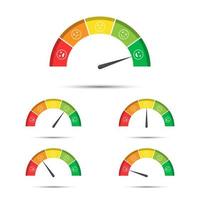 ilustración vectorial de la calificación del medidor de satisfacción del cliente, diferentes colores de rojo a verde con sonrisas de colores, tacómetros simples, velocímetros e indicadores con emoticonos vector