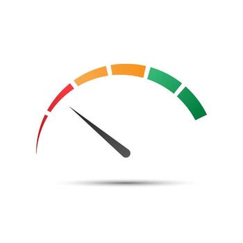 Simple color tachometer with a pointer in the minimum red part, speedometer and performance measurement icon, vector illustration for your website, infographic and apps