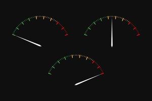 Set of simple vector tachometers with indicators in red, yellow and green part,  speedometer icon, performance measurement symbol on black background