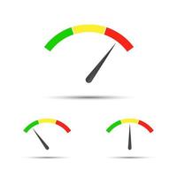 Set of color vector tachometers, flowmeter with indicator in green, orange and red part, speedometer and performance measurement icon, illustration for your web page, infographic, apps and leaflet