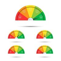 Vector illustration of rating customer satisfaction meter, different colors from red to green with colored smiles, simple tachometers, speedometers and indicators with emoticons