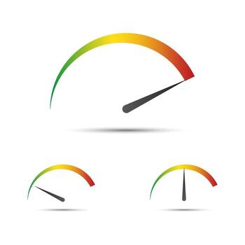 Set of simple vector tachometer with indicator in green, yellow and red part,  speedometer icon, performance measurement symbol isolated on white background