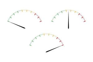 Set of simple vector tachometers with indicators in red, yellow and green part,  speedometer icon, performance measurement symbol isolated on white background