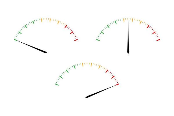 Set of simple vector tachometers with indicators in red, yellow and green part,  speedometer icon, performance measurement symbol isolated on white background