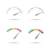Set of four simple color tachometers - low, moderate, high. Vector speedometer icon, performance measurement symbol