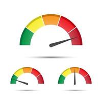 Set of color vector tachometers, flowmeter with indicator in green, orange and red part, speedometer and performance measurement icon, illustration for your web page, infographic, apps and leaflet