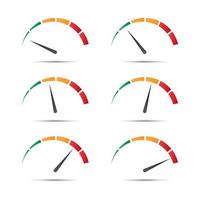 conjunto de velocímetros vectoriales de color con indicador en parte verde, naranja y roja. iconos de medición de rendimiento y velocímetro. ilustración para su página web, infografía, aplicaciones y folleto vector